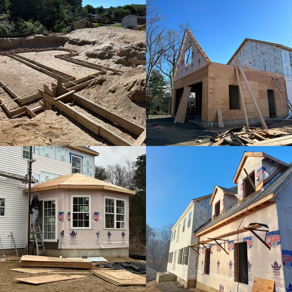 Four Images Capturing the Construction Journey: From Start to Near Completion of a House.