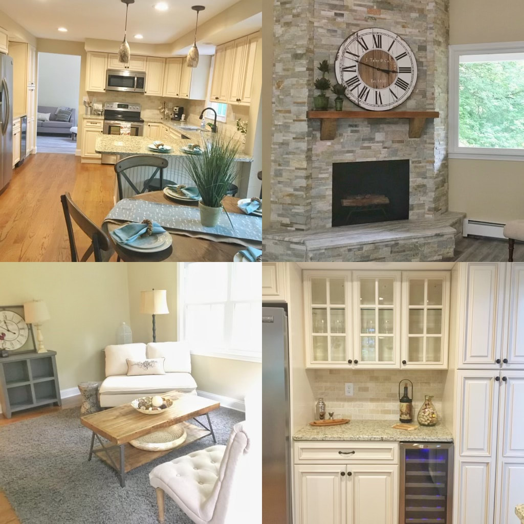 Four images of a finally rehabbed house showcasing the kitchen, living room, sitting area, and fireplace.